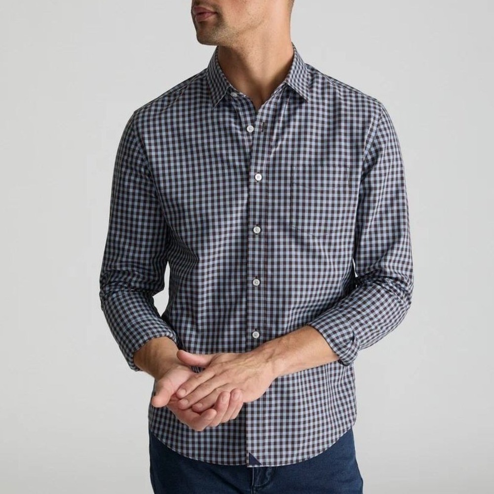 Untuckit Mclaren WF Slim Fit Wrinkle Free Gingham Shirt Blue Brown Mens Large